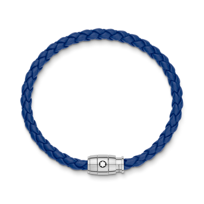Montblanc Pulsera de Piel Azul con 3 Anillos de Acero – Talla 63