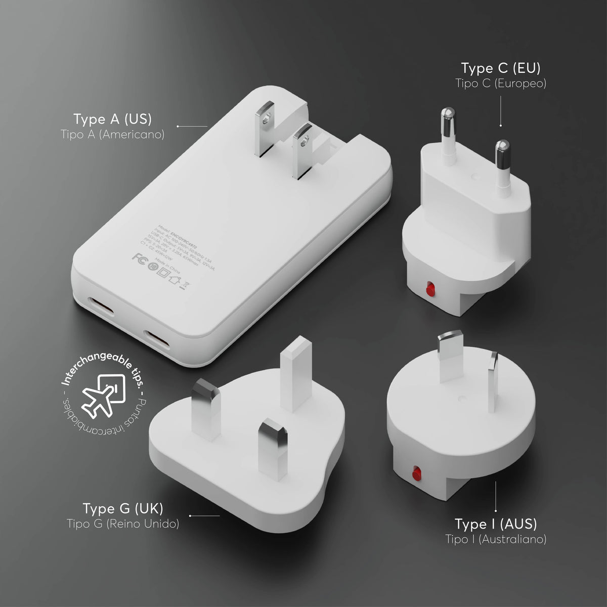 Carregador de viagem PowerPlug Ultra 65W para USB -C US/EU/AUS/UK