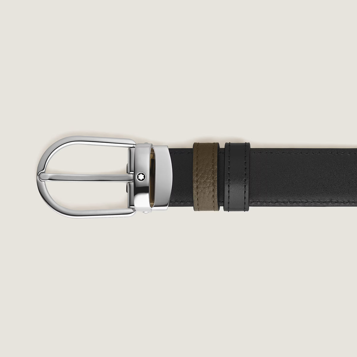 Cinto Reversível Montblanc Caqui/Preto de 30 mm com Fivela em Formato de Ferradura