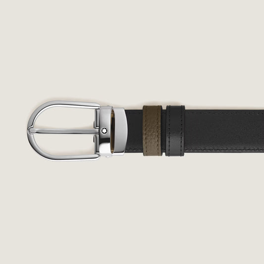 Cinto Reversível Montblanc Caqui/Preto de 30 mm com Fivela em Formato de Ferradura