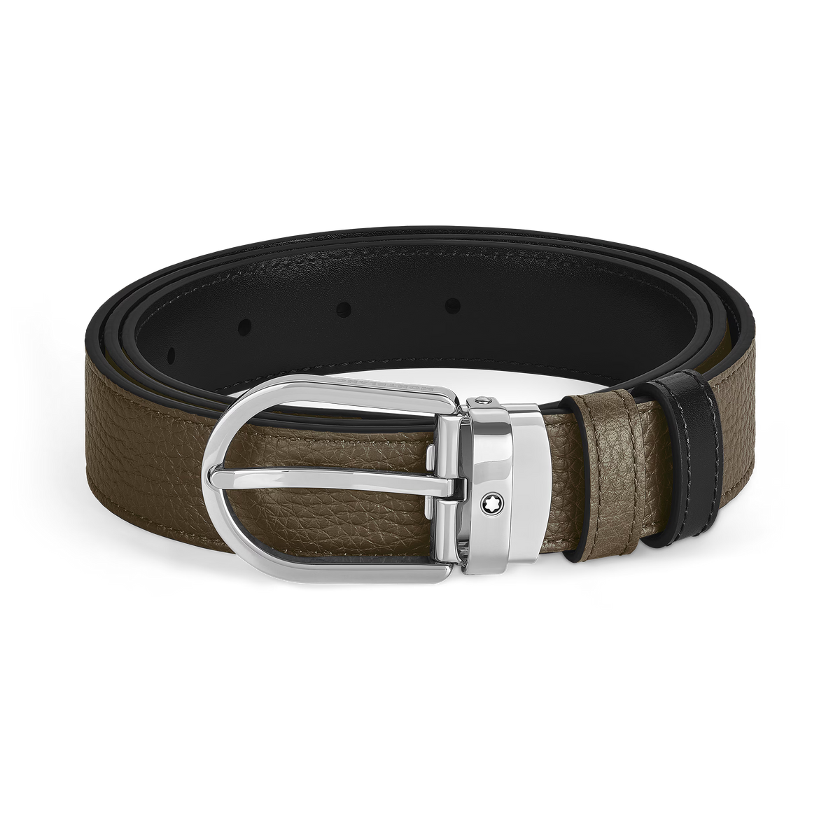Cinto Reversível Montblanc Caqui/Preto de 30 mm com Fivela em Formato de Ferradura