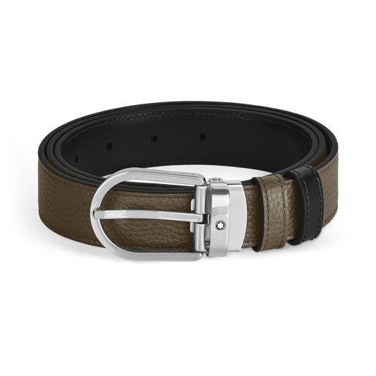 Cinto Reversível Montblanc Caqui/Preto de 30 mm com Fivela em Formato de Ferradura
