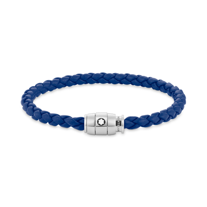 Montblanc Pulsera de Piel Azul con 3 Anillos de Acero – Talla 63